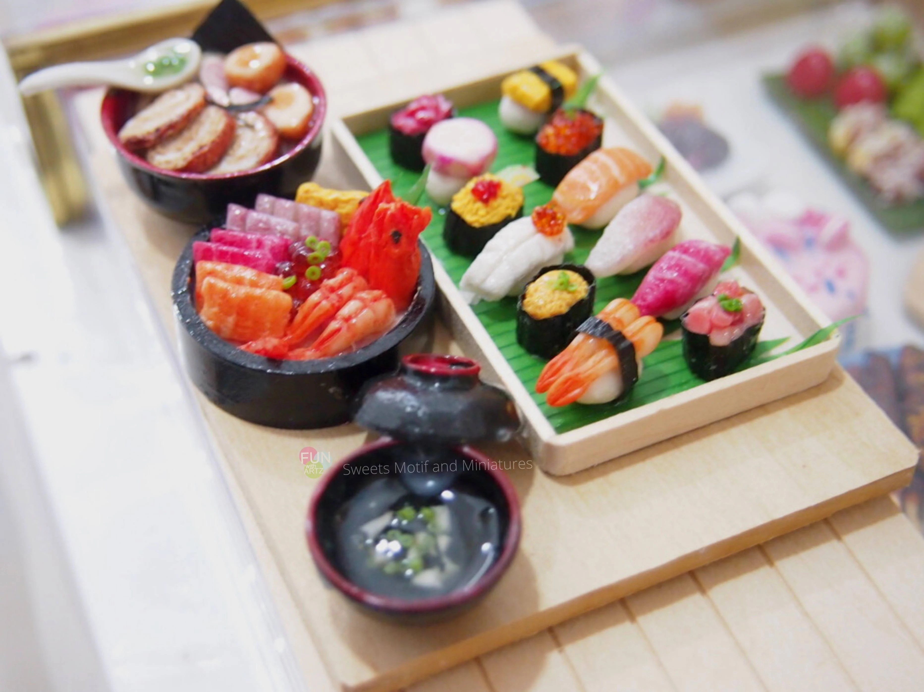 Miniature Japanese food clay art workshop creation featuring sushi, sashimi, and ramen by Fun With Artz Singapore